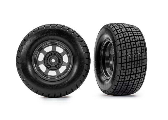 Traxxas Tires & wheels, assembled, glued (dirt oval, graphite gray wheels, Hoosier® tires, foam inserts) (2) (2WD front only)