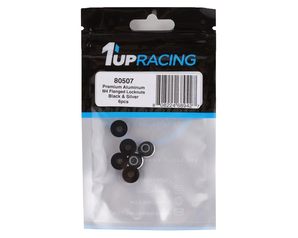 1UP Racing 4mm Aluminum Flanged Locknuts (Black/Silver) (6)