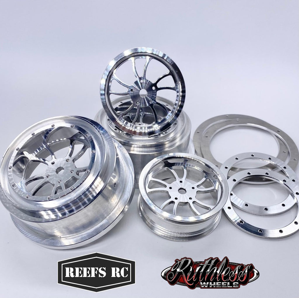 Reefs RC KURL Beadlock Aluminum 2.2/3.0" Drag Wheels (4pcs) w Rings and Hardware