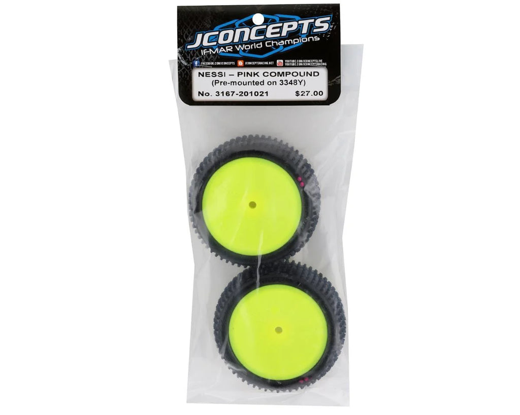 JConcepts Nessi 2.2" Pre-Mounted Rear Buggy Carpet Tires (Yellow) (2) (Pink) w/12mm Hex