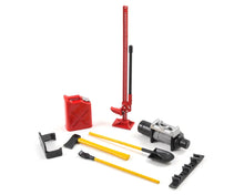 Load image into Gallery viewer, Yeah Racing 6-Piece Scale Tool Set (Red) w/Axe, Shovel, Oil Tank, Jack, Winch